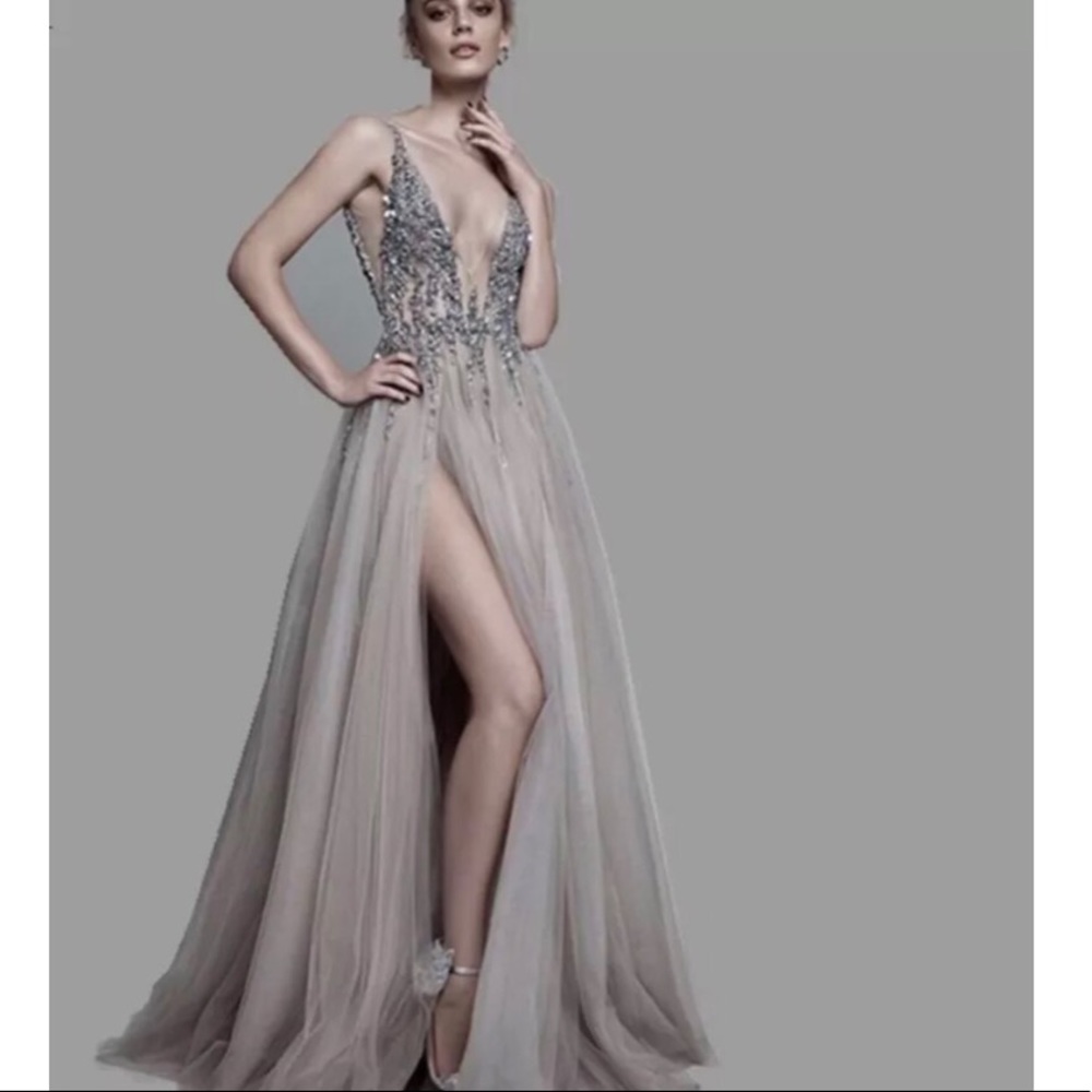 Sequin dress mesh evening prom party split long silver gray